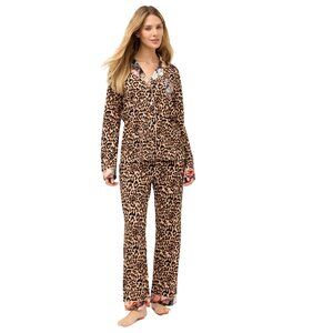Johnny Was Carly Bellina Leopard Pj Set Long Lounge Sleepwear Brown 2 pc XL NEW